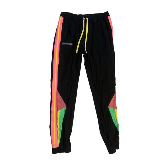 Women M Pink + Dolphin Black Track Pants Sweatpants Colorful Retro Geometric - Picture 1 of 6